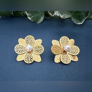 Large Gold Flower Stud Earrings - Textured Floral Earrings - Floral Dangle Studs